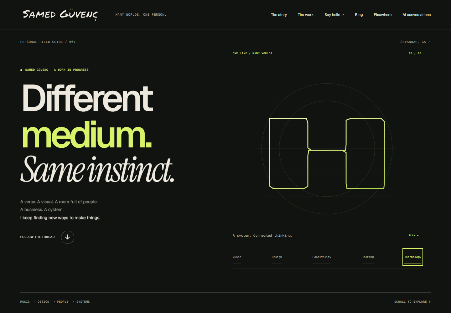 Screenshot of the published personal site, with the selected 07A wordmark and the hero in its technology shape.